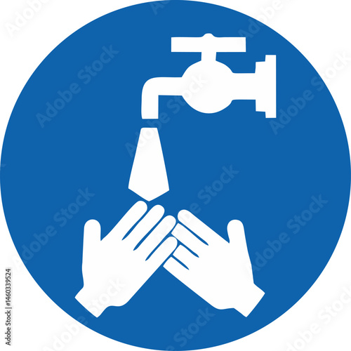 Two hands are being washed under a faucet with water, set against a blue circle background to promote hygiene