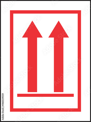 Two bold red upward arrows in a rectangular box, indicating upright orientation, typically for packaging