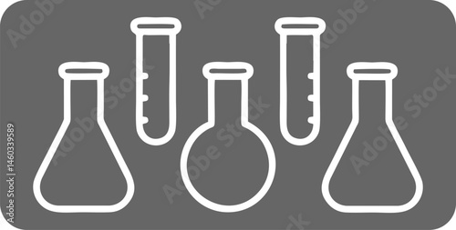White outlines of various laboratory glassware, including beakers and test tubes, displayed on a dark gray background