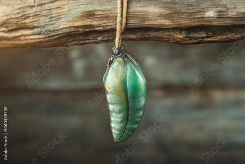 Green chrysalis pendant hangs from rustic wood, nature-inspired jewelry.