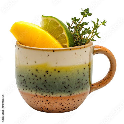Mango Thyme Lime Ceramic Mug with Lemon and Thyme Isolated on Transparent Background