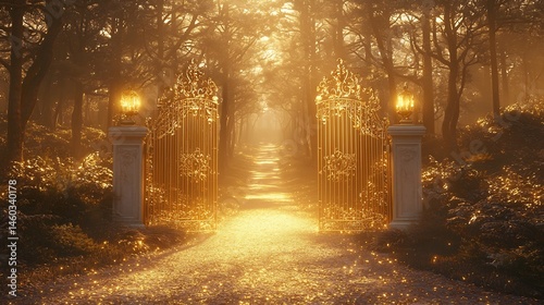Ancient golden gate opening reveal a hidden paradise soft light casting a golden glow on the path cinematic mystery