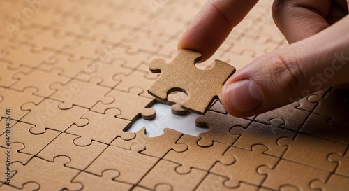 Hand placing the final puzzle piece to complete the jigsaw puzzle photo