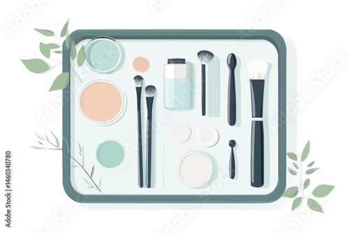 Flat vector illustration of skincare tools in a tray viewed from above, designed for beauty blogs, spa branding, packaging, cosmetic infographics, and professional skincare visuals