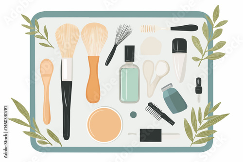 Flat vector illustration of skincare tools in a tray viewed from above, designed for beauty blogs, spa branding, packaging, cosmetic infographics, and professional skincare visuals