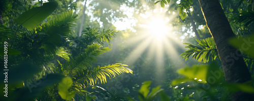 Lush forest sunlight illuminating green canopy natural environment
