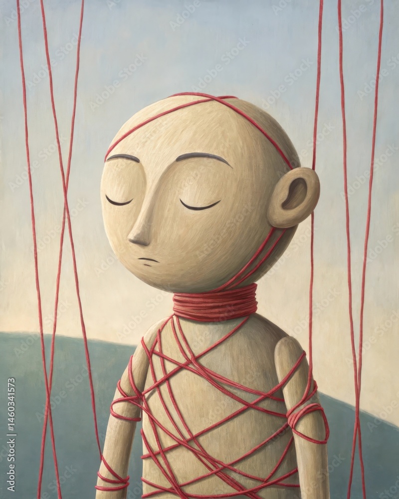 A clay puppet with strings tangled on one side and organized on the other reflecting how perceptions can be controlled and transformed through awareness.