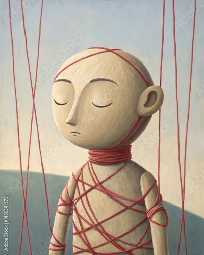 Obraz na płótnie A clay puppet with strings tangled on one side and organized on the other reflecting how perceptions can be controlled and transformed through awareness. w salonie