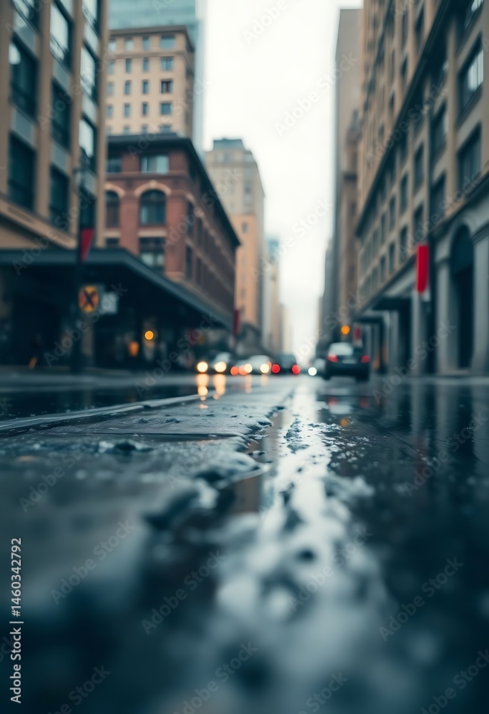 Fototapeta premium wet city street with buildings and cars