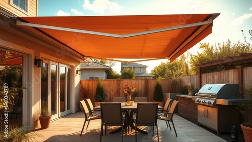 Stylish patio setup features a retractable awning, dining set, and gri
