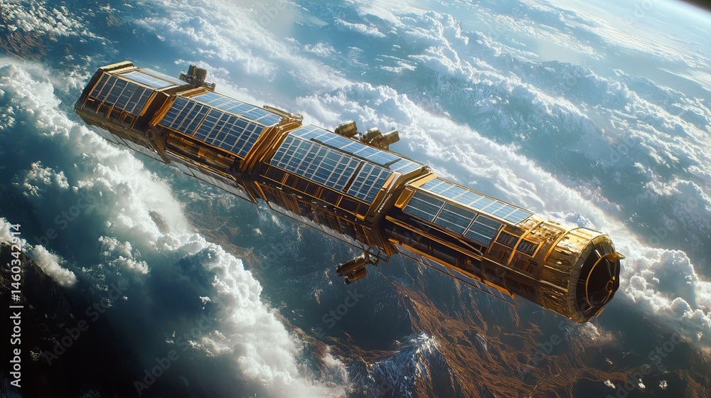 Fototapeta premium Futuristic space station orbiting earth above clouds and mountains sky view high solar metal image