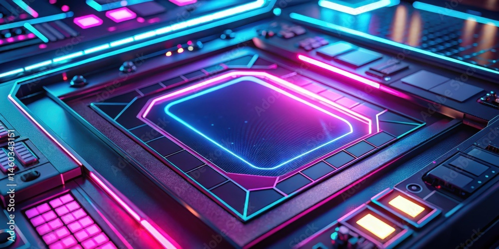 Obraz premium Abstract Futuristic Technology Interface with Vibrant Neon Lighting and Complex Panel Design