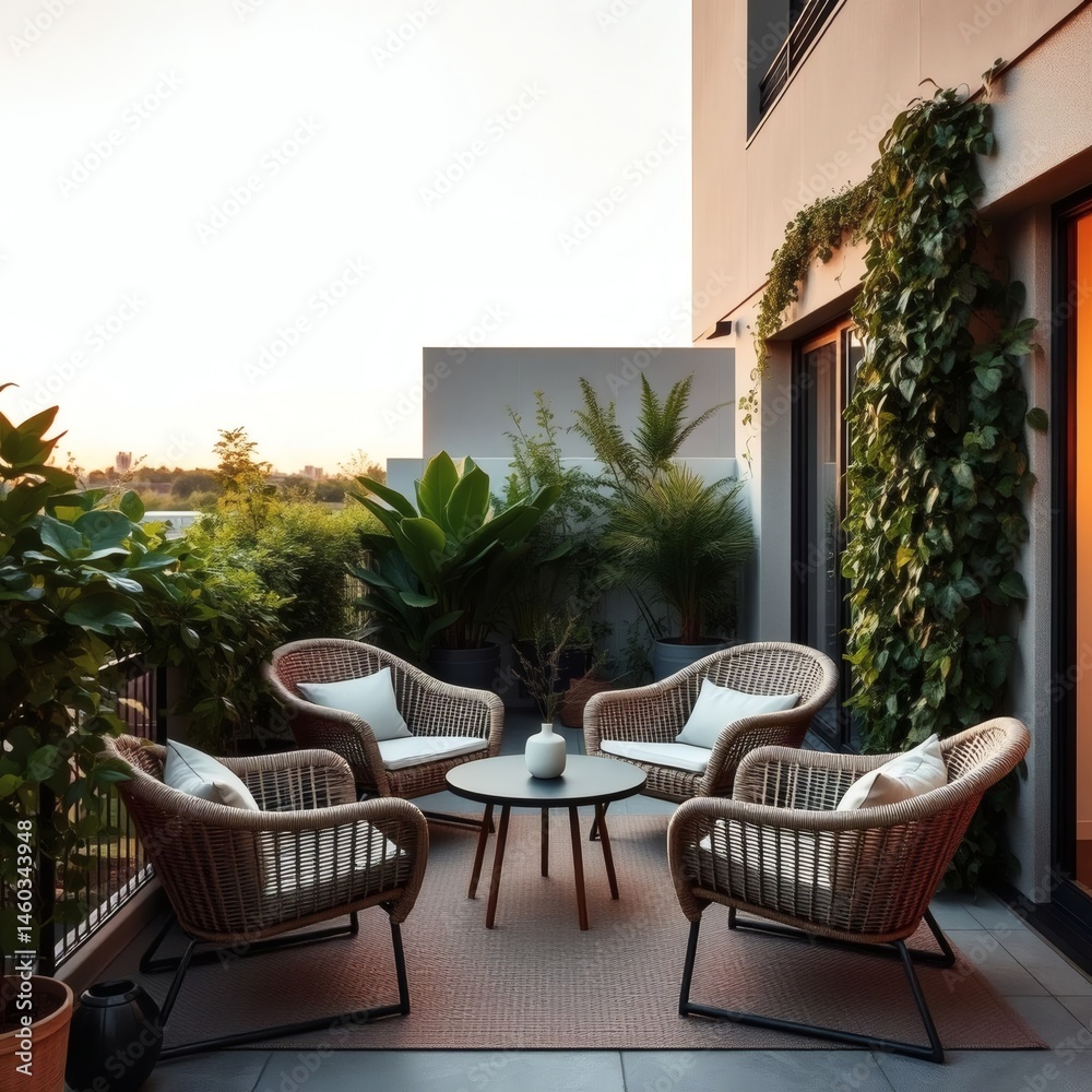 Fototapeta premium Modern balcony seating with lush plants and cozy woven chairs at dusk