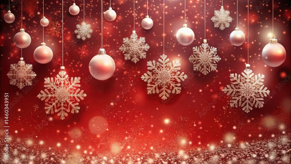 Festive Winter Wonderland Sparkling Ornaments and Intricate Snowflakes Adorn a Rich Red Background Festive Winter Wonderland Sparkling Ornaments and Intricate Snowflakes Adorn a Rich Red Background