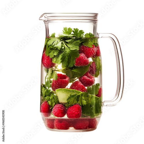 Raspberries, Cilantro, and Mint in Sparkling Water Isolated on Transparent Background