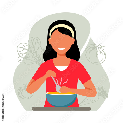 young mother cooking soup flat illustration