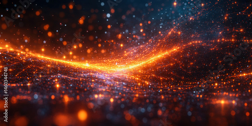 Cybersecurity firewall concept depicting interconnected digital particles in an abstract landscape at night