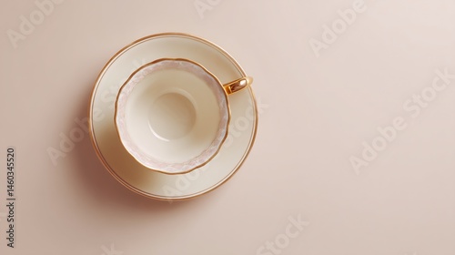 Wallpaper Mural Overhead view of a teacup and saucer, beige with gold trim, on a beige background, showcasing elegance and simplicity, ideal for cafe or tea-related concepts Torontodigital.ca
