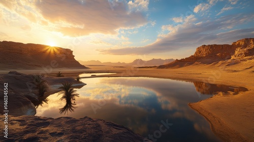 Peaceful desert oasis reflecting sunrise.