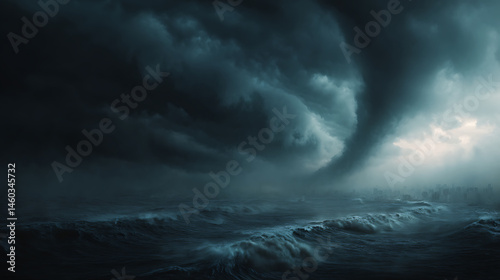 Apocalyptic dramatic background, giant tsunami waves, dark stormy sky, tornado, huge waves tsunami big waves