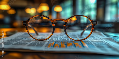Reading financial news in a cozy cafe setting with glasses resting on newspaper