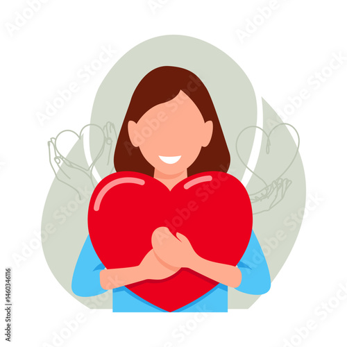 lovely woman hugging red love simple flat illustration