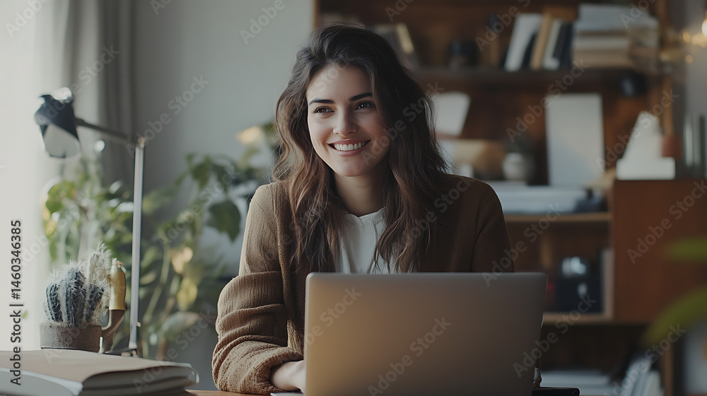 A woman is sitting at a desk with a laptop in front of her A woman is sitting at a desk with a laptop in front of her