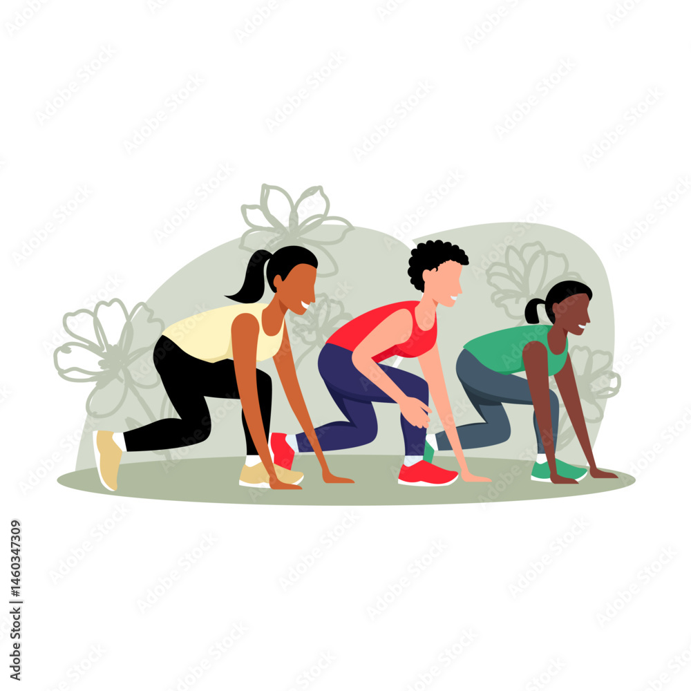 Obraz premium 3 women prepare for a running race simple flat illustration