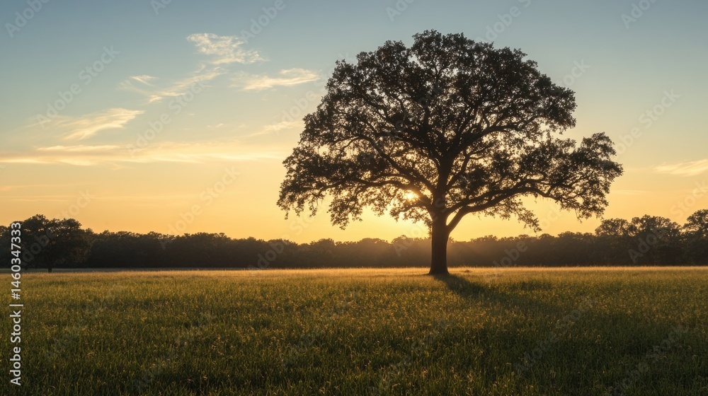 Naklejka premium Silhouette of a large tree at golden hour in a grassy field.