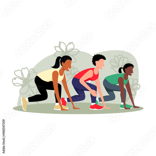 3 women prepare for a running race simple flat illustration