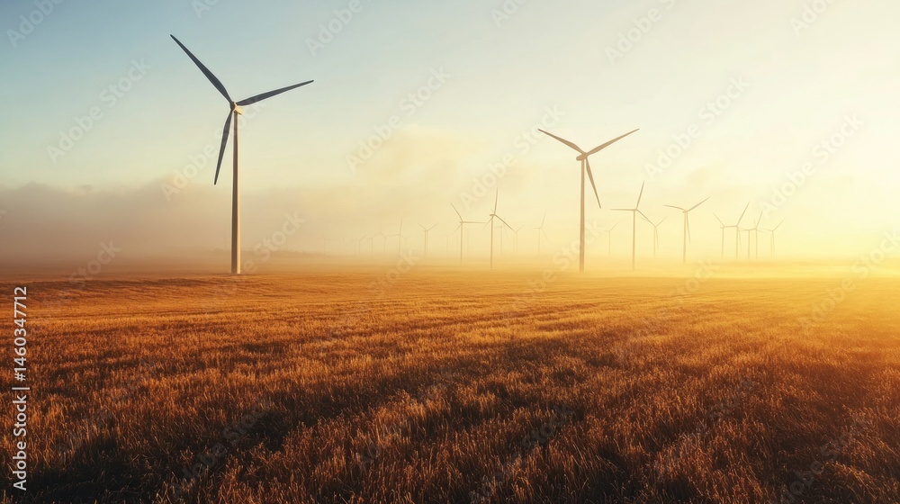 Obraz premium Sunrise view of wind turbines in a golden field.