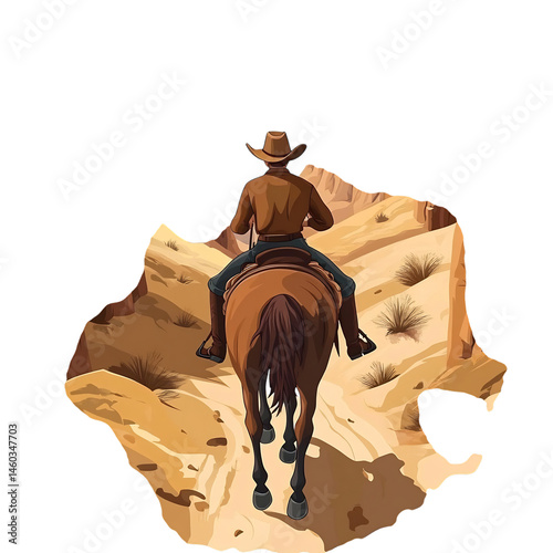 A Cartoon Cowboy Riding a Horse Through a Canyon Isolated on Transparent Background