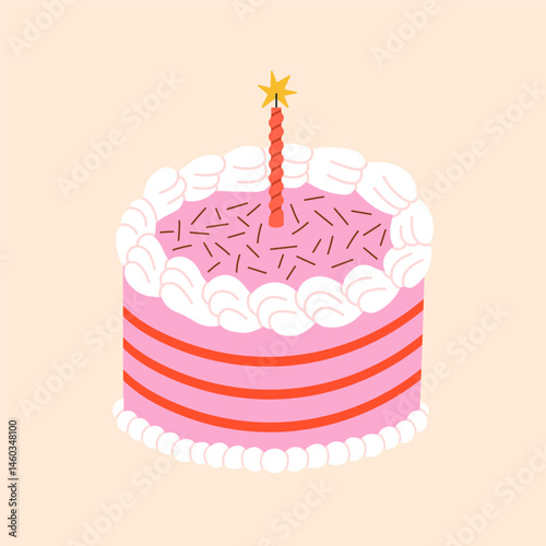 Vector illustration of cute pink birthday cake with cream and a candle. Ideal for greeting cards, invitations, party supplies, social media posts, printable crafts, website headers etc