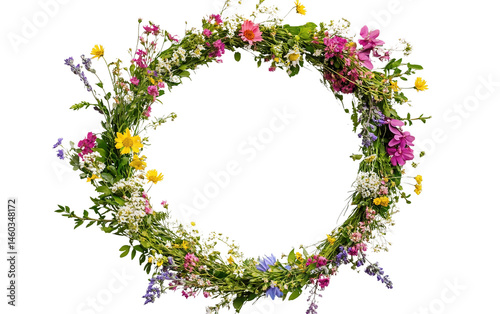 Traditional summer solstice wreath made of wildflowers, symbolizing the beauty of nature isolated on white background PNG