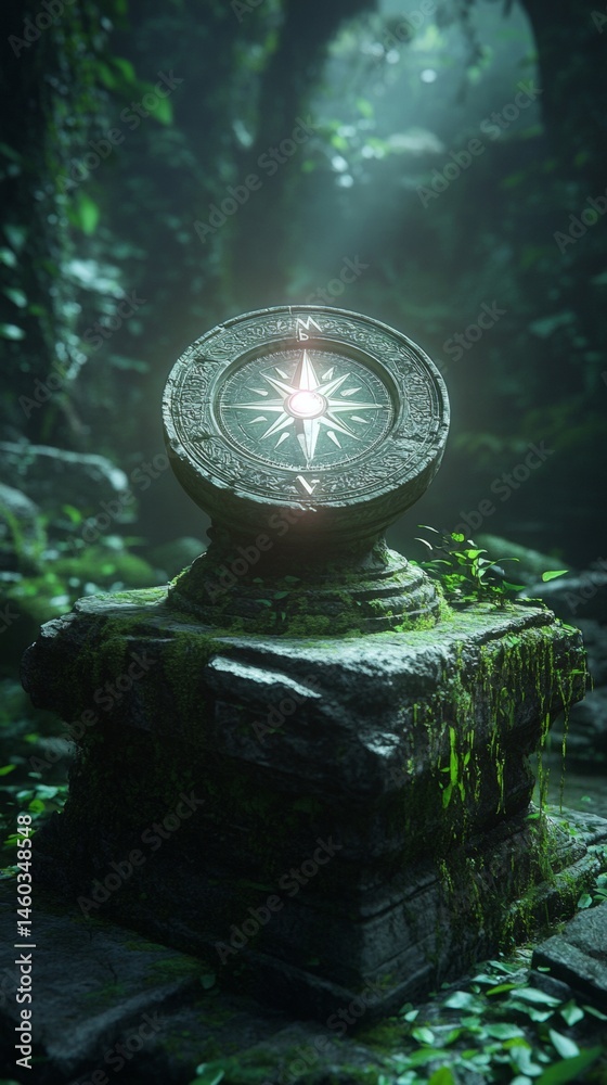 Ancient stone with a shiny compass with copy space vertically 9:16