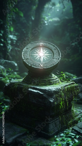 Obraz na płótnie Ancient stone with a shiny compass with copy space vertically 9:16 w salonie