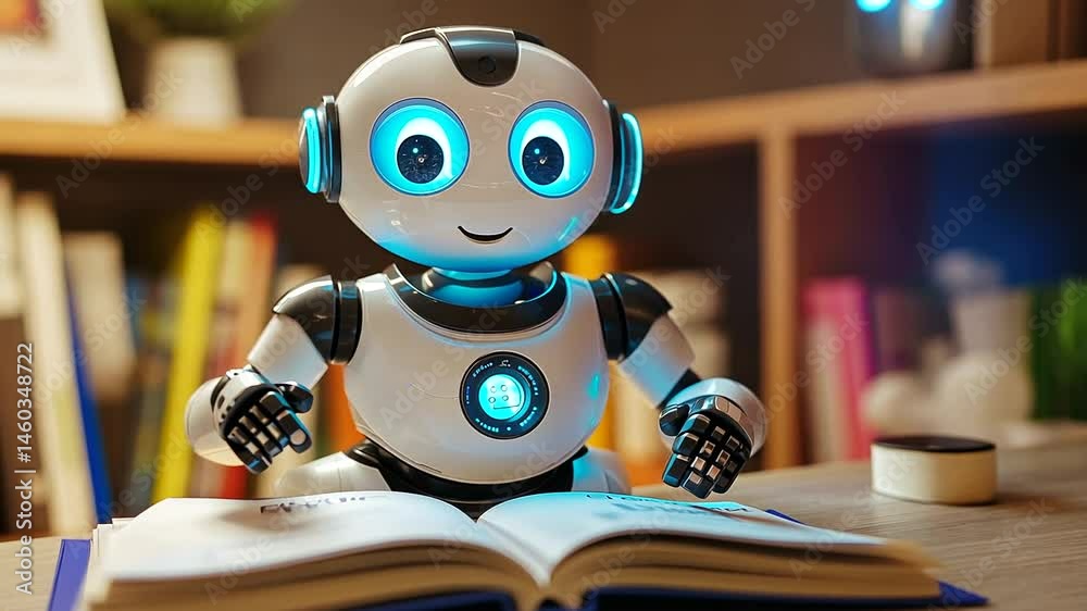 A cheerful robot reading a book in a cozy, colorful room filled with shelves of books A cheerful robot reading a book in a cozy, colorful room filled with shelves of books