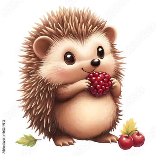 A Cartoon Hedgehog Nibbling on a Berry Isolated on Transparent Background