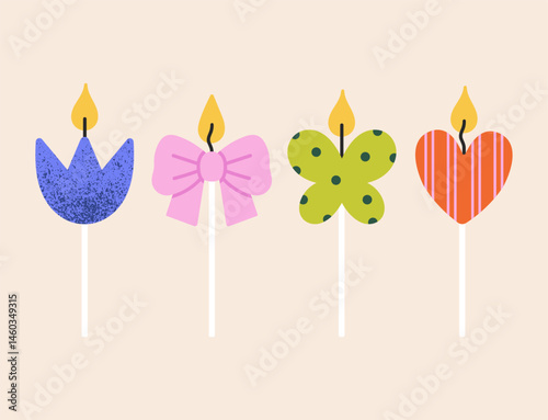 Vector illustration of birthday candles set. Good for prints, greeting card and stationery design, party invitations, and other celebratory materials. Colorful design, various forms and ornaments.