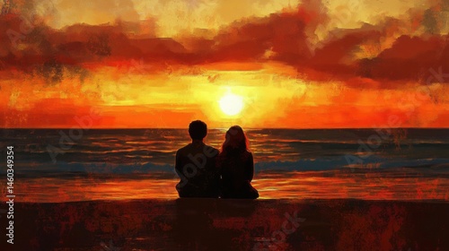 A painted sunset view of a couple seated on the beach.