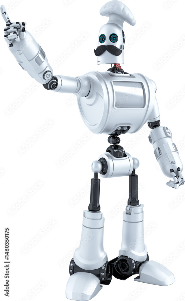 Friendly robot chef pointing up with finger wearing a toque Friendly robot chef pointing up with finger wearing a toque