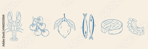 Set of hand-drawn Mediterranean food icons: lobster, tomatoes, lemon, sardines, cheese, pasta. Trendy minimalist ink sketch. Vector line illustration.