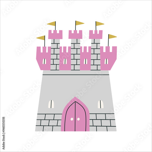 Illustration of cute fairy-tale castle with turrets and flags. Perfect for children's books, prints, greeting cards or fantasy-themed designs. Vector illustration isolated on white background.