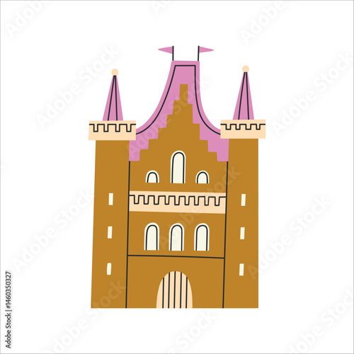 Illustration of cute fairy-tale castle with turrets and flags. Perfect for children's books, prints, greeting cards or fantasy-themed designs. Vector illustration isolated on white background.