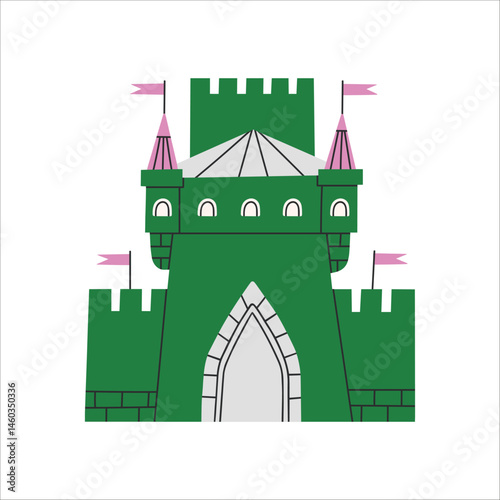 Illustration of cute fairy-tale castle with turrets and flags. Perfect for children's books, prints, greeting cards or fantasy-themed designs. Vector illustration isolated on white background.