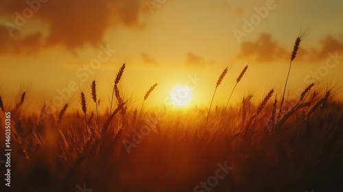 Golden sunset over a ripening wheat field.