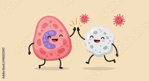 Cute Cell and Leukocyte High-Five: A Fun Illustration of Immune System Teamwork