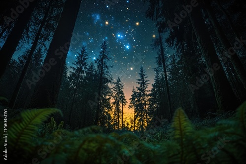Starry night sky over a dense forest, tall trees silhouetted against the celestial canvas.
