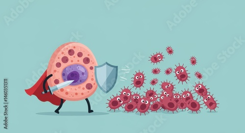 Cell Superhero Fights Viruses: A Cartoon Depiction of the Immune System Battling Infection