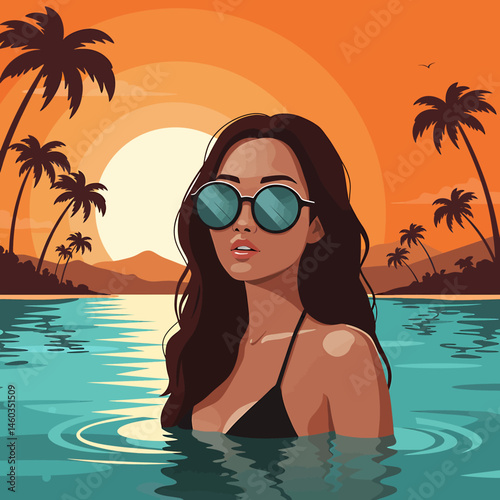 Serene vector flat illustration of a woman enjoying a tropical summer sunset in the water. Palm trees and warm hues create a relaxing vacation scene. Perfect for getaway designs